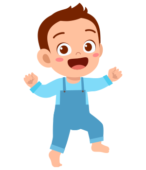 A cheerful cartoon boy wearing blue overalls.